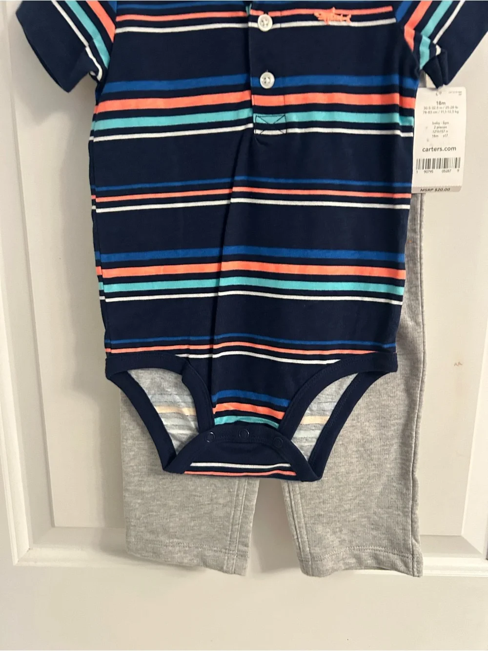 NWT-Boys Carter's Navy Striped Polo-Style One-Piece Bodysuit with Gray Pants